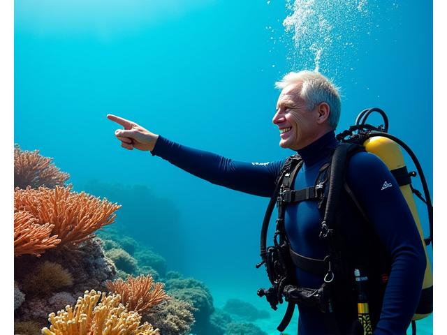 Founder diving in crystal-clear water, pointing towards vibrant coral.